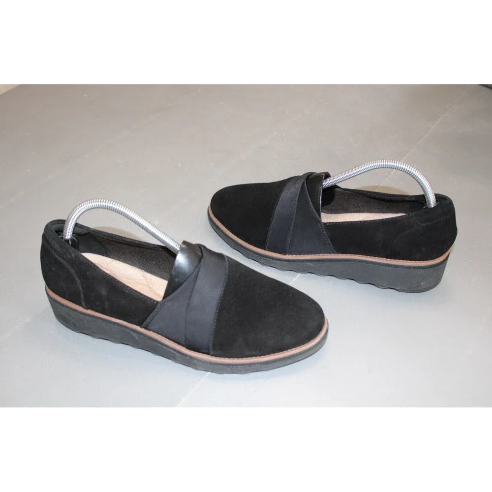 Clarks Sharon Pump Black Suede Slip On Comfort Loafers Womens Size 10 Wedge